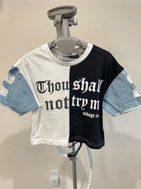Two-Tone Graphic Tee with Distressed Denim Sleeves - Black & White